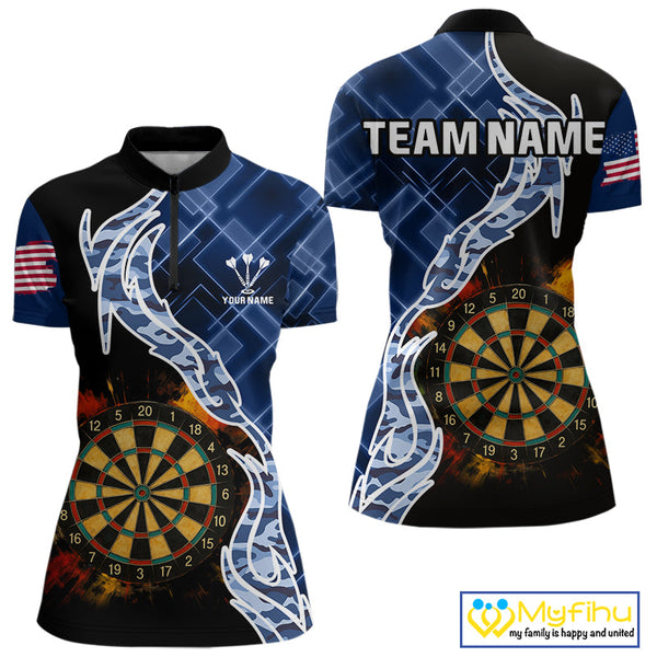 Custom Black And Blue Camo Flame Dartboard Women Quarter-Zip Shirt, Patriotic Dart Shirt NYN0376