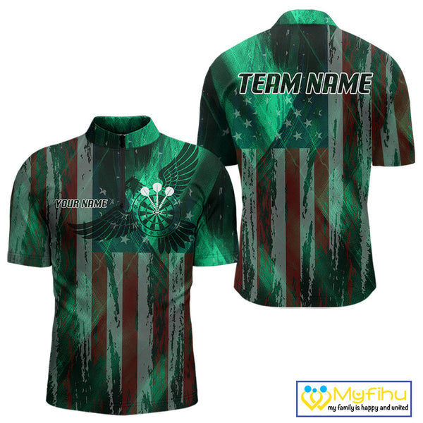 Custom Green US Flag Wings Dartboard Dart Men Quarter-Zip Shirt, Patriotic Dart Jerseys NYN0659