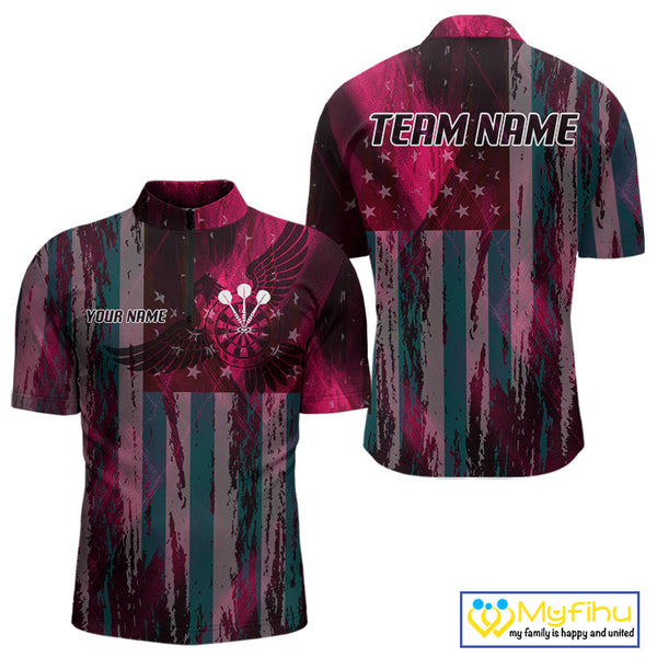 Custom Pink US Flag Wings Dartboard Dart Men Quarter-Zip Shirt, Patriotic Dart Jerseys NYN0660
