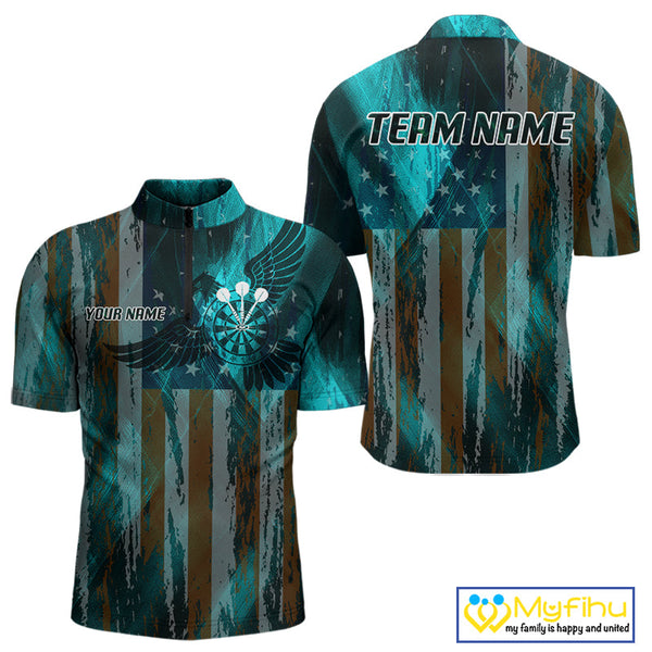 Custom Teal Blue US Flag Wings Dartboard Dart Men Quarter-Zip Shirt, Patriotic Dart Jersey NYN0661
