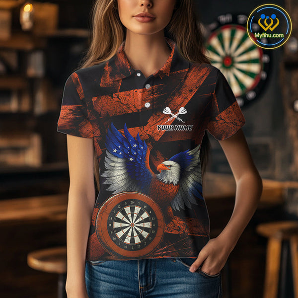 Custom Black Orange Eagle Dartboard Patriotic US Flag Dart Polo Shirts For Women NYN0666