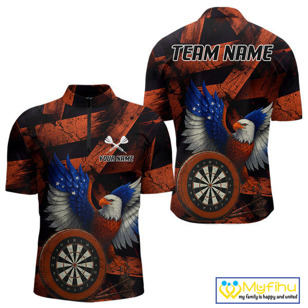 Custom Black Orange Eagle Dartboard Patriotic US Flag Dart Quarter-Zip Shirts For Men NYN0666