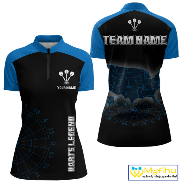 Custom Black And Blue US Dart Legend Dart Women Quarter-Zip Shirt, Patriotic Dart Jerseys NYN0415