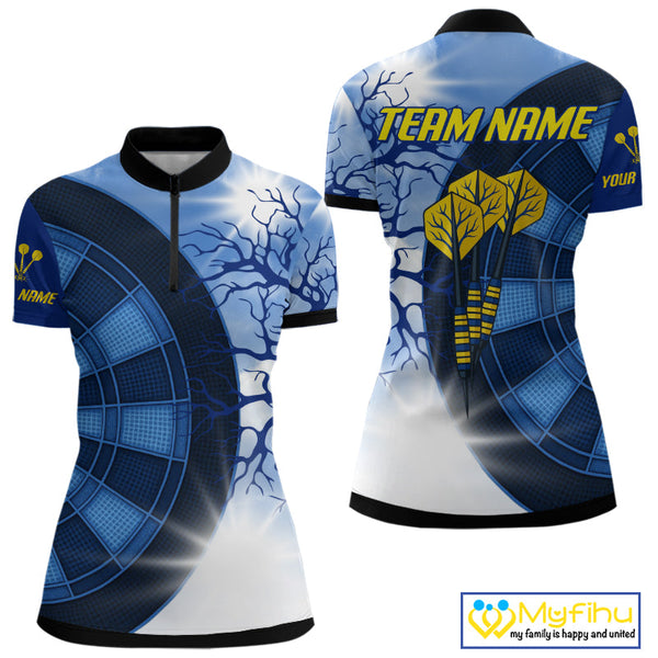 Custom Blue Camo Gold Dartboard Darts Quarter-Zip Shirt For Women, Dart Tournament Shirt NYN0444