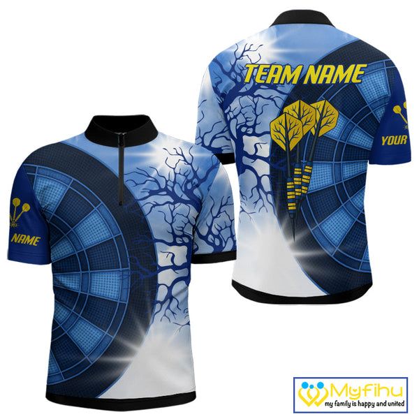 Custom Blue Camo Gold Dartboard Darts Quarter-Zip Shirt For Men, Dart Tournament Shirt NYN0444
