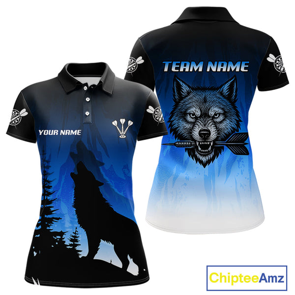 Custom Blue Night Wolf Dart Team Polo Shirts For Women, Wolf Darts Jerseys NYN0112