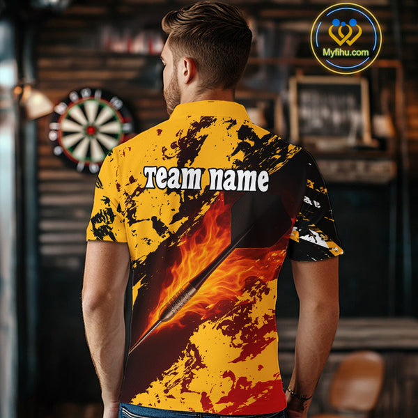 Custom Black And Yellow Fire Flame Darts Team Polo Shirts For Men, Dart Gifts NYN0290