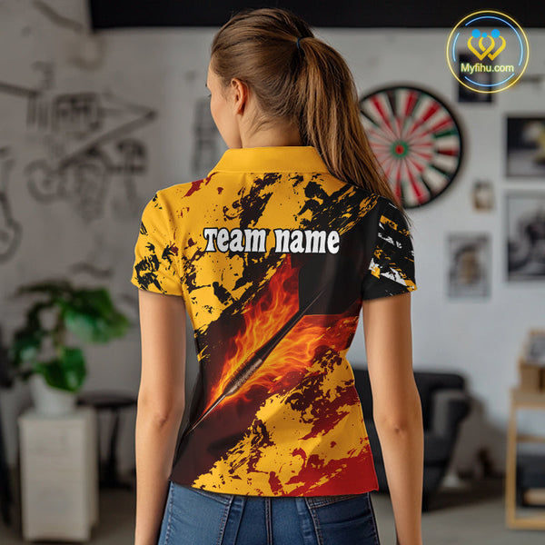Custom Black And Yellow Fire Flame Darts Team Polo Shirts For Women, Dart Gifts NYN0290