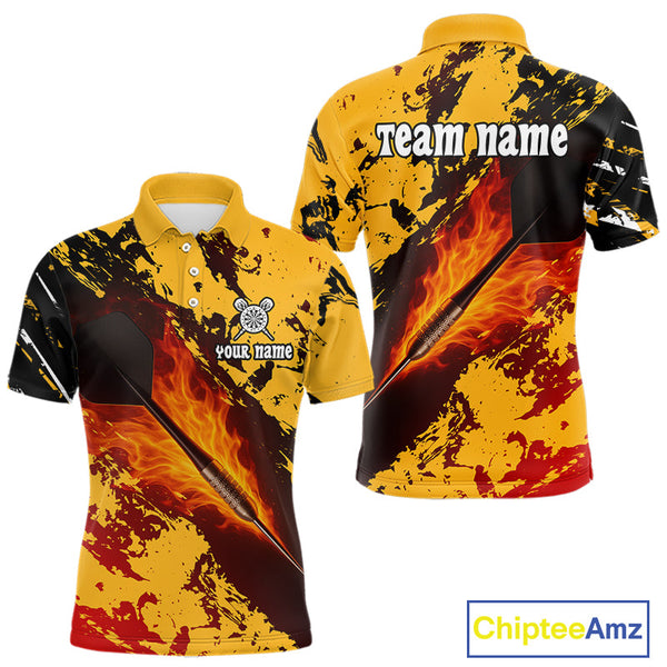 Custom Black And Yellow Fire Flame Darts Team Polo Shirts For Men, Dart Gifts NYN0290