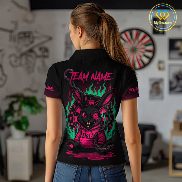 Custom Green And Pink Flame Funny Rabbit Dart Polo Shirt For Women, Dart Jersey NYN0593