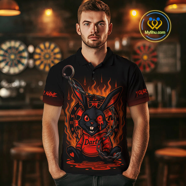 Custom Black And Orange Flame Funny Rabbit Dart Polo Shirt For Men, Dart Jersey NYN0594