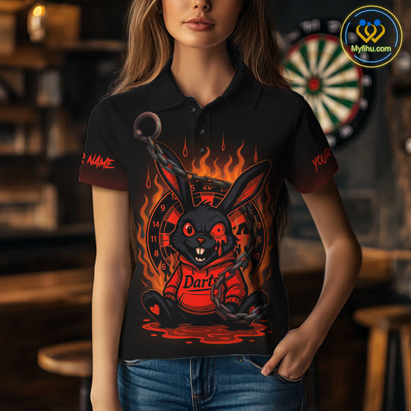 Custom Black And Orange Flame Funny Rabbit Dart Polo Shirt For Women, Dart Jersey NYN0594