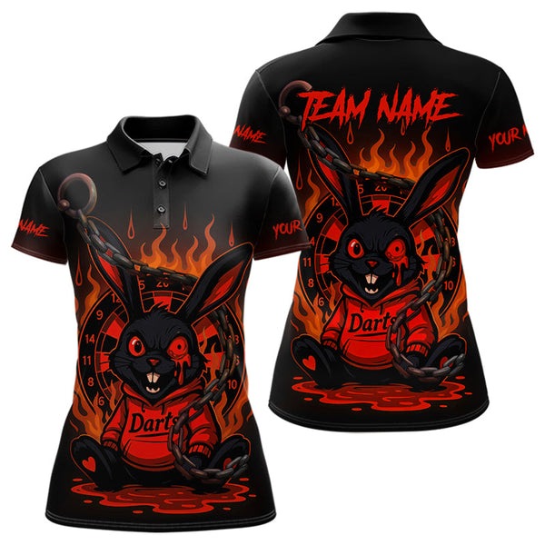 Custom Black And Orange Flame Funny Rabbit Dart Polo Shirt For Women, Dart Jersey NYN0594