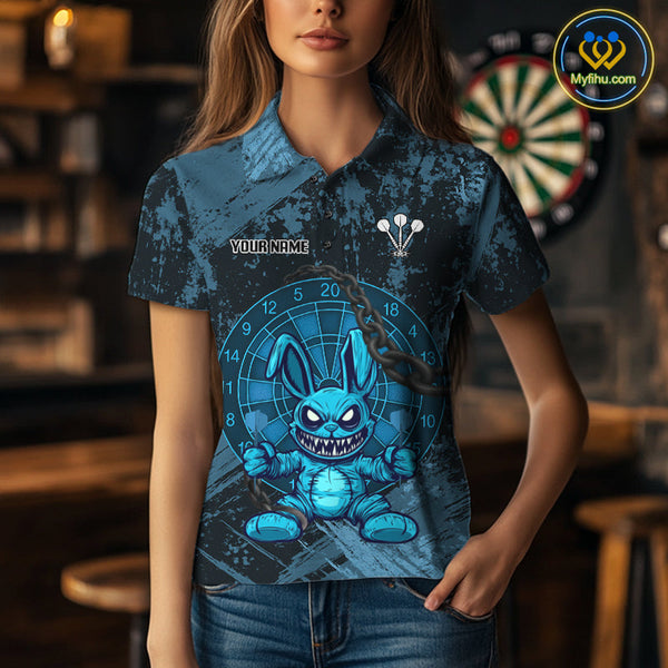 Custom Grunge Black And Blue Angry Rabbit Dart Team Women Polo Shirt, Dart Jerseys NYN0628