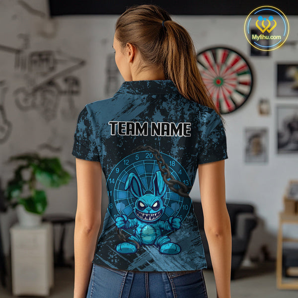 Custom Grunge Black And Blue Angry Rabbit Dart Team Women Polo Shirt, Dart Jerseys NYN0628