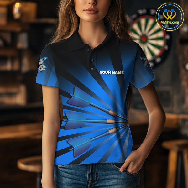 Custom Blue Black Burst Effect Donkey Dartboard Darts Polo Shirts For Women, Dart Jerseys NYN0670