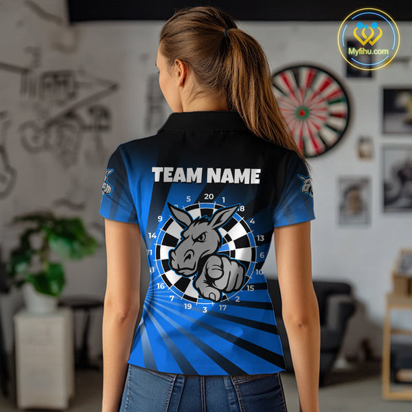 Custom Blue Black Burst Effect Donkey Dartboard Darts Polo Shirts For Women, Dart Jerseys NYN0670