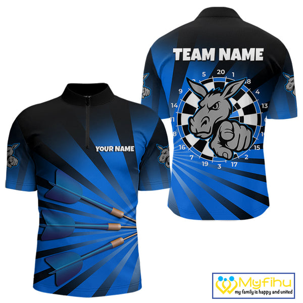 Custom Blue Black Burst Effect Donkey Dartboard Darts Quarter-Zip Shirts For Men, Dart Jerseys NYN0670