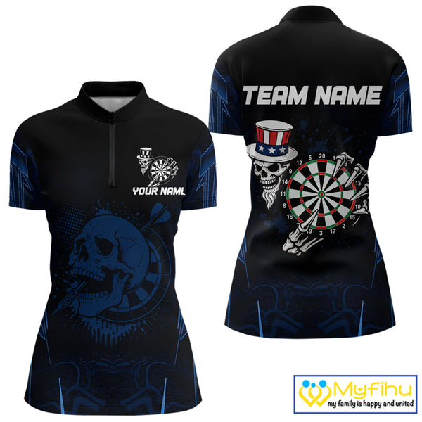 Custom Black And Blue Skull Patriotic Dart Team Quarter-Zip Shirt For Women NYN0480
