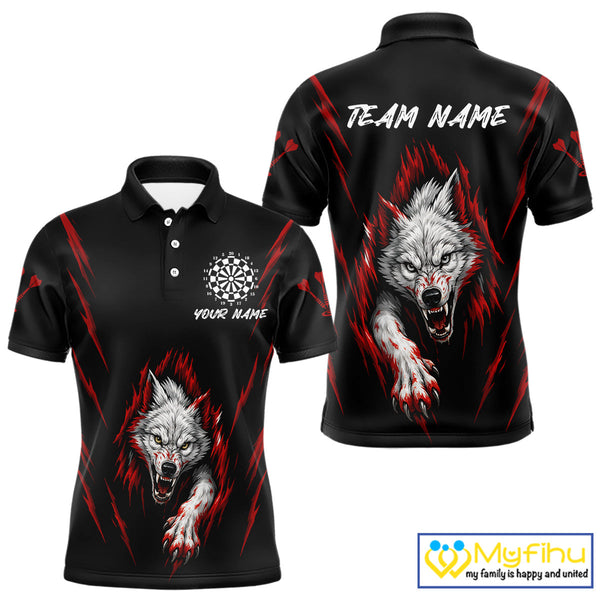 Custom Black And Red Wolf Darts Polo Shirts For Men, Dart Tournament Team Shirt NYN0335