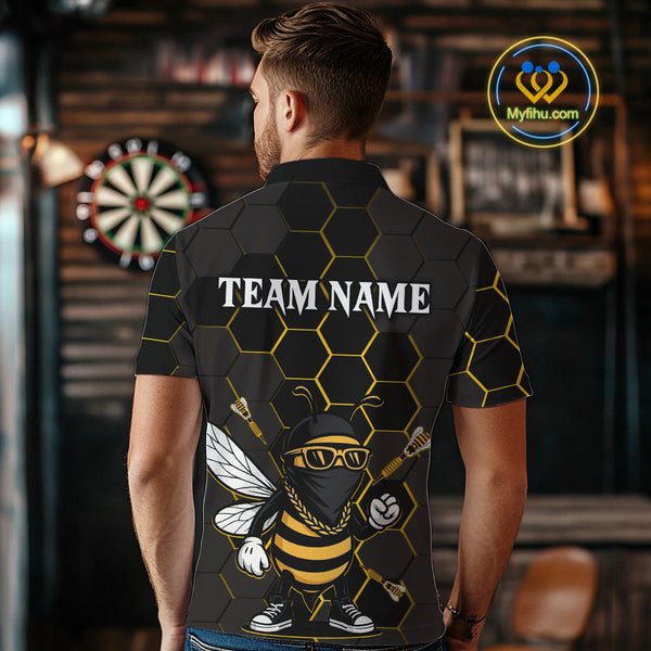 Custom Black And Yellow Funny Bee Darts Polo Shirts For Men, Dart League Shirt NYN0669