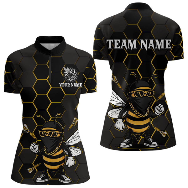 Custom Black And Yellow Funny Bee Darts Quarter-Zip Shirts For Women, Dart League Shirt NYN0669