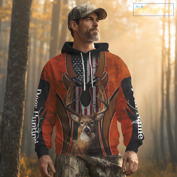 Personalized Orange US Flag Deer Hunting Shirts for Men - Custom Crew Hunting Outfit & Gifls NBT56