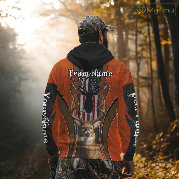 Personalized Orange US Flag Deer Hunting Shirts for Men - Custom Crew Hunting Outfit & Gifls NBT56