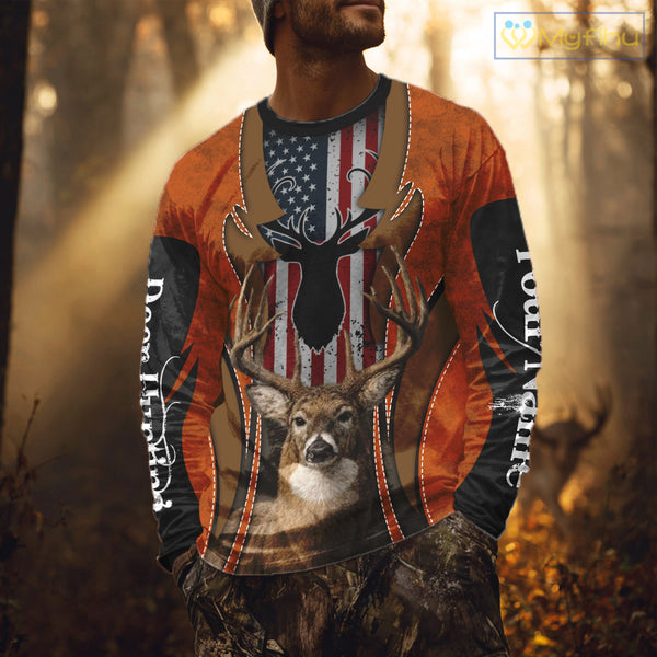 Personalized Orange US Flag Deer Hunting Shirts for Men - Custom Crew Hunting Outfit & Gifls NBT56