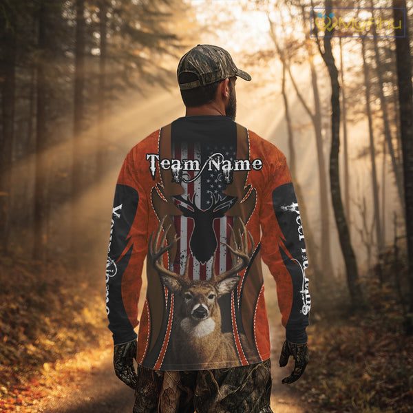 Personalized Orange US Flag Deer Hunting Shirts for Men - Custom Crew Hunting Outfit & Gifls NBT56
