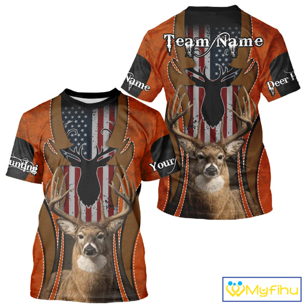 Personalized Orange US Flag Deer Hunting Shirts for Men - Custom Crew Hunting Outfit & Gifls NBT56