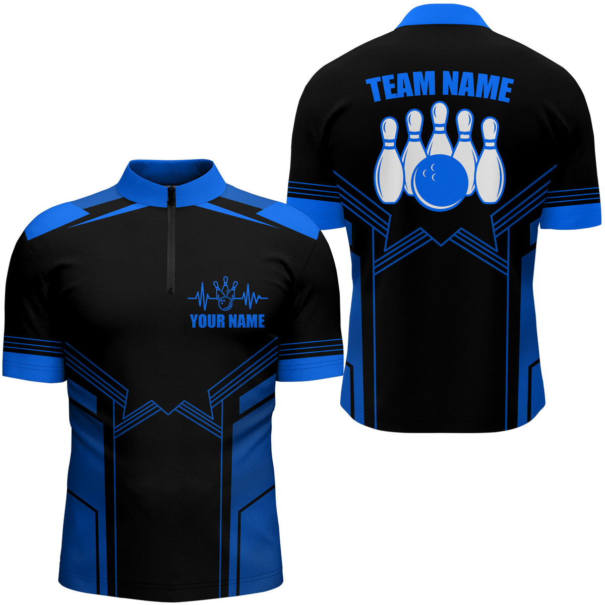 Blau Bowling Quarter Zip Shirt für Herren Individueller Name Bowling Trikot Herren 1/4 Zip Bowling Team Shirt BDT57