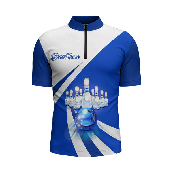 Individuelles Bowling-Quarter-Zip-Shirt für Herren, blaues Bowling-Trikot, 1/4 Zip Bowling Team League Shirt BDT88