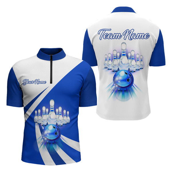 Individuelles Bowling-Quarter-Zip-Shirt für Herren, blaues Bowling-Trikot, 1/4 Zip Bowling Team League Shirt BDT88
