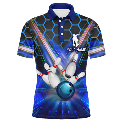 Blau Bowling-Shirt für Herren mit individuellem Namen, Polo Bowling Trikot, 3D Bowling Team Shirt für Herren BDT43