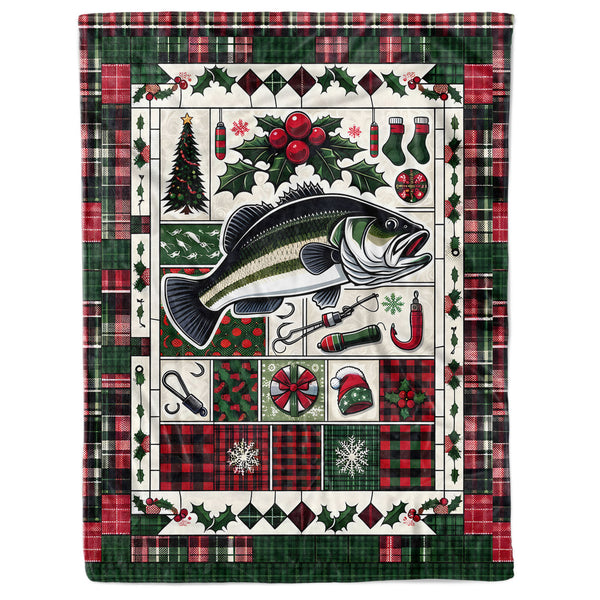 Christmas Largemouth Bass Fishing Fleece Blanket, Christmas Bass