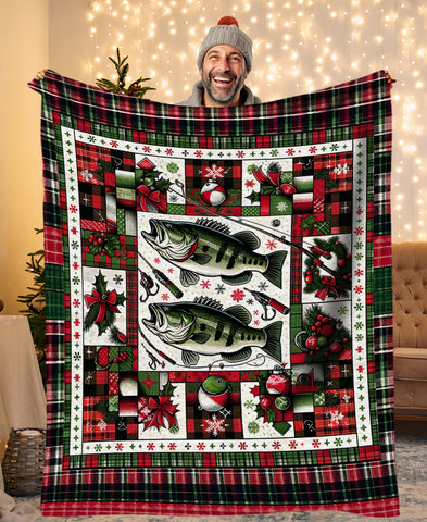 Largemouth Bass Fishing Christmas Plaid Fleece Blanket Xmas Gifts For Fishing Lovers IPHW5671