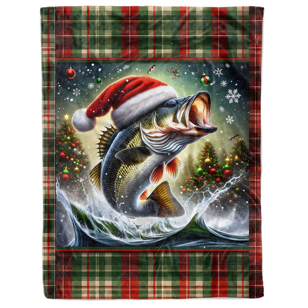 Christmas Largemouth Bass Fleece Blanket, Christmas Plaid Bass Fishing Gifts IPHW5678