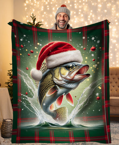 Christmas Walleye Fleece Blanket, Christmas Plaid Walleye Fishing Gifts IPHW5679
