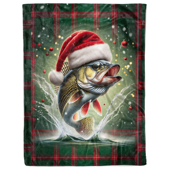Christmas Walleye Fleece Blanket, Christmas Plaid Walleye Fishing Gifts IPHW5679
