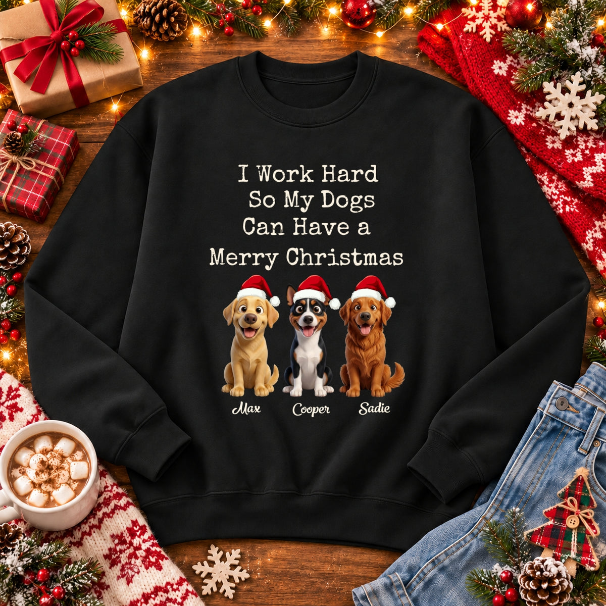 Funny I Work Hard So My Dogs Can Have A Merry Christmas Sweater, Personalized Dogs Unisex Standard Sweatshirt FSDM128
