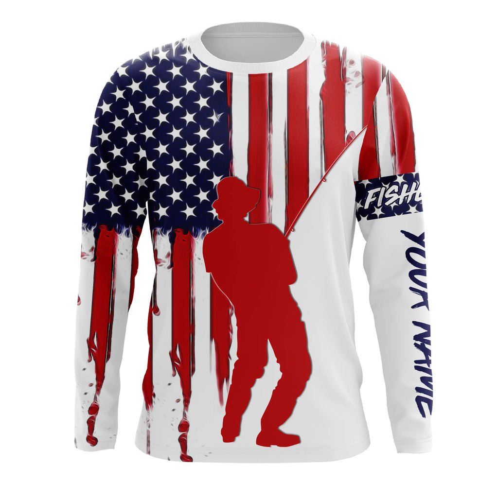 American Flag Fisherman Performance Custom Name Long Sleeves Patriotic Fishing Shirts TTN126 Long Sleeves UPF / 5XL