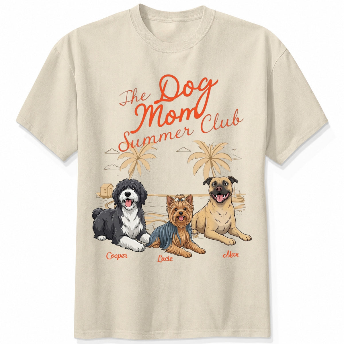 A sand short-sleeve crewneck t-shirt featuring a colorful graphic print of custom dogs with the text 'The Dog Mom Summer Club' and dog's names underneath. There are many dog breeds to choose from.