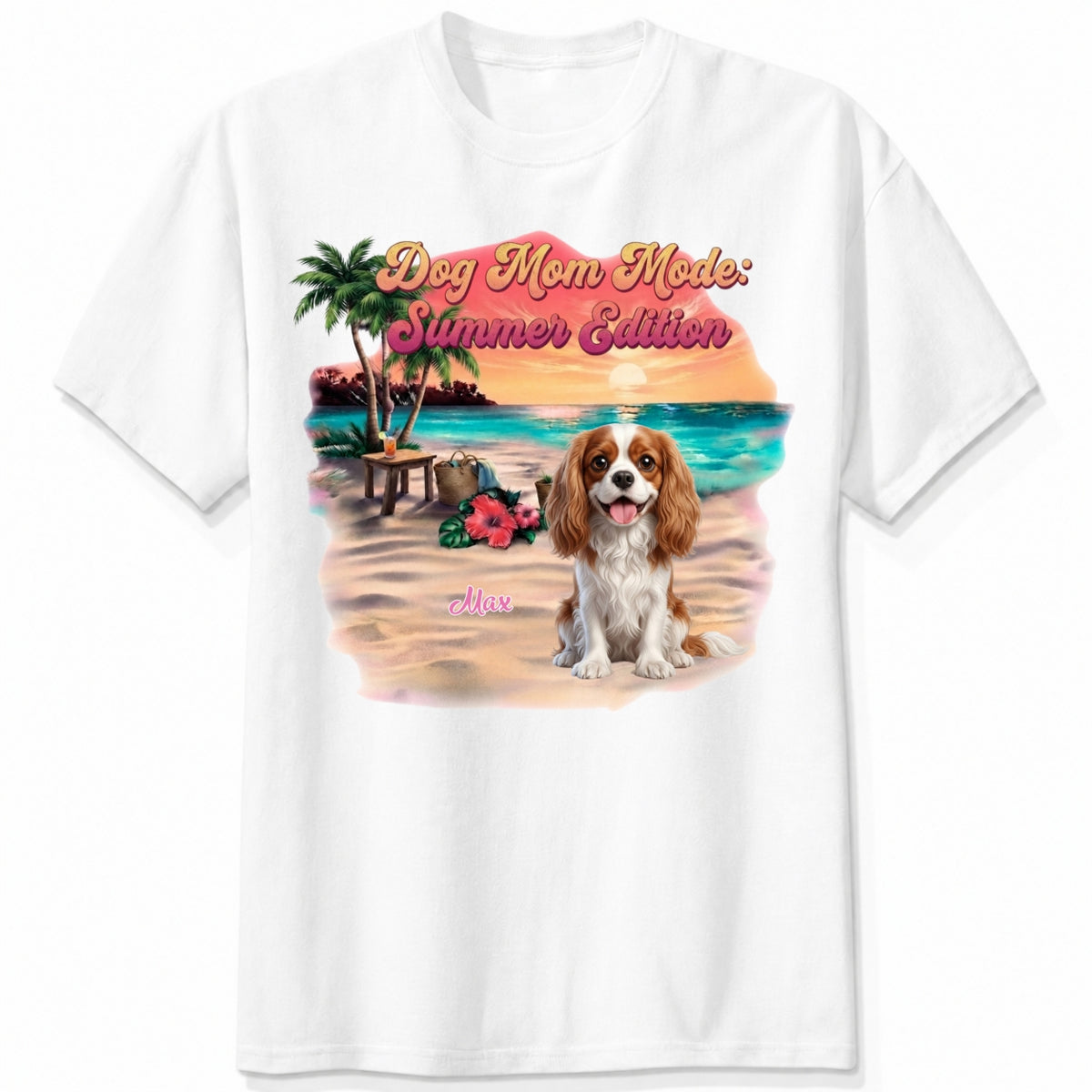A white short-sleeve crewneck t-shirt featuring a colorful graphic print of a dog on a beach with the text 'Dog Mom Mode: Summer Edition'. Personalized with a wide variety of dog breeds
