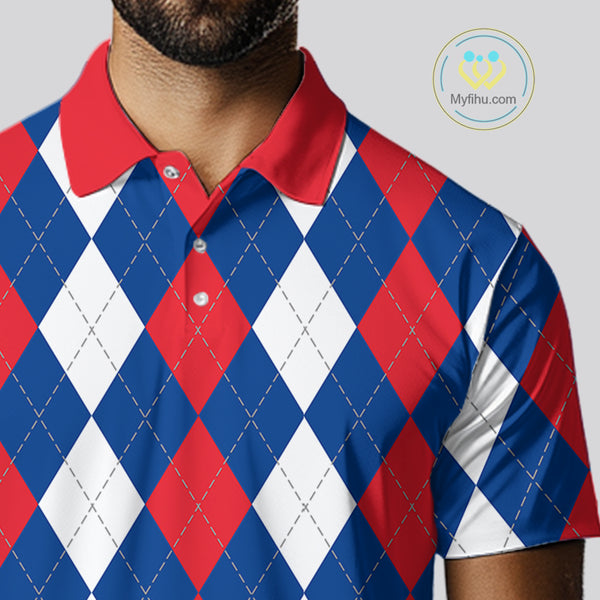 Mens golf polo shirt custom red, white and blue argyle plaid pattern golf attire for men NQS9847