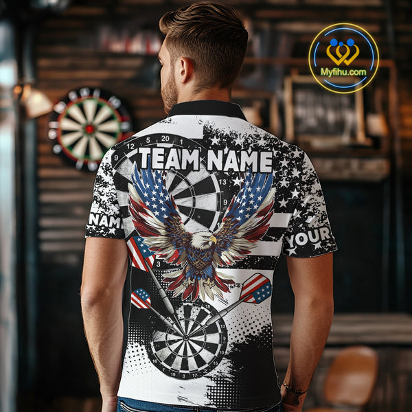 Custom Dart Shirt For Men, Grunge Eagle American Flag Black White Polo, 1/4 Zip Darts Jersey TDM3877