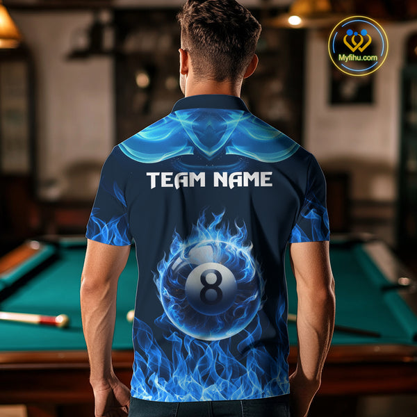 Blue Flaming 8 Ball Pool Billiard Shirts For Men Custom Polo & Quarter Zip Billiard Team Jerseys TDM3999