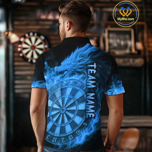 Personalized Blue Dartboard Dragon Flame Darts Shirt For Men Custom Dart Jerseys Polo & 1/4 Zip TDM4070