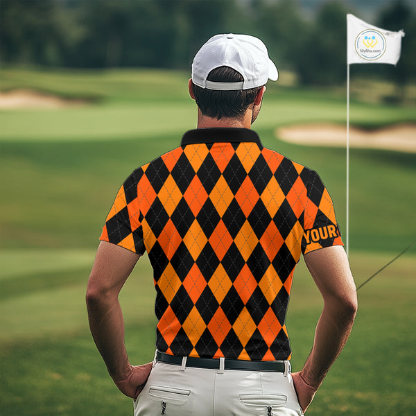 Funny Mens golf polo shirts custom orange and black argyle plaid Halloween Skull golf attire for men NQS10355