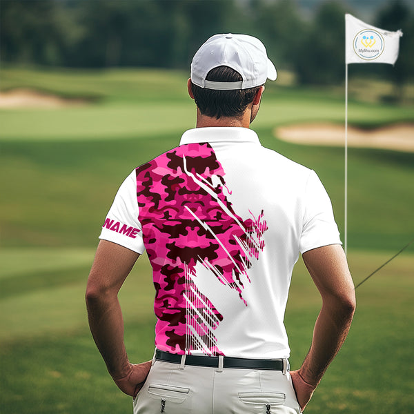 Personalized Mens golf polo shirts custom white and pink camo mens golf apparel, golfing gifts NQS10335